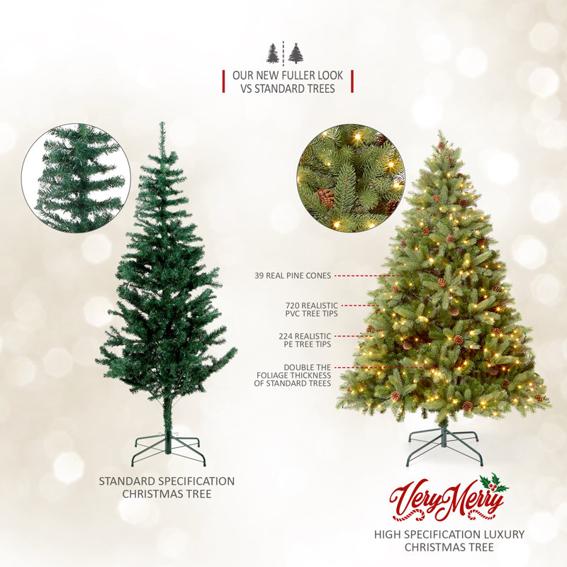 VeryMerry 'Ascot' Christmas Tree with LED Lights with Timer, 8 Light Modes, Decorative Pinecones, 6ft H