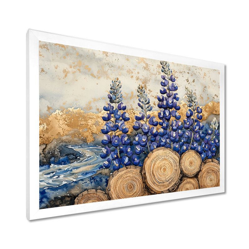 «Jabien Blue Bonnets Flowers On A Wood Slide Landscape I - Blue Bonnets Large, art mural», H 24 po x l 32 po, Blanc
