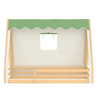 Lit simple au sol avec tente et lit léger, lit en tepee en bois massif avec garde-corps pleine longueur, design Montessori et enfantin, naturel + vert