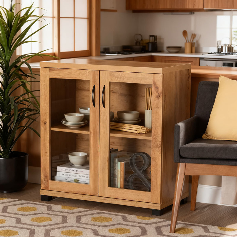 Armoire de rangement moderne à 2 portes Baxton Studio Zentra avec portes en verre et tablettes réglables pour le salon et le bureau