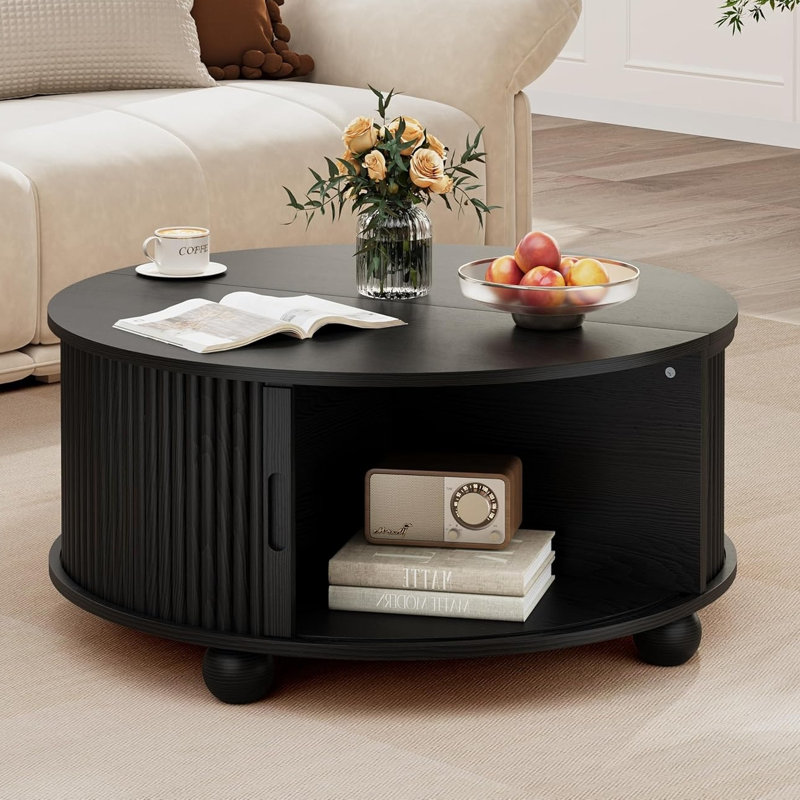 Round Coffee Table with Storage, 31.5" Mid Century Modern Fluted Coffee Table with 360° Curved Sliding Door, Black