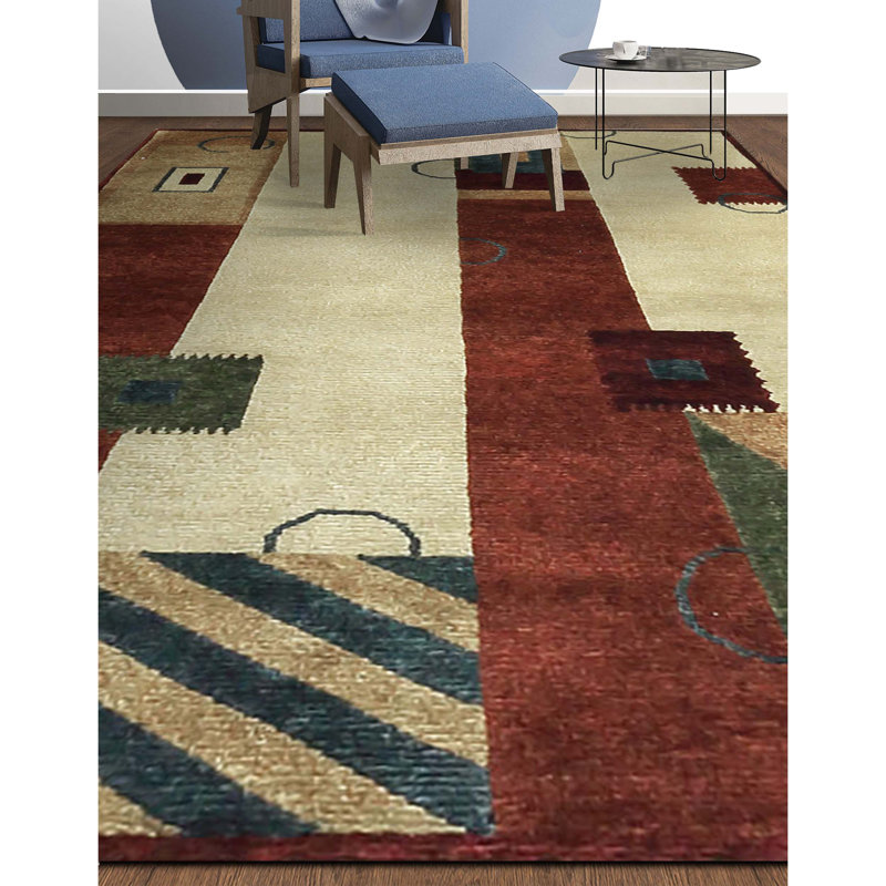 Wool Abstract Area Rug in Rust/Red/White, Rectangle 4' x 5'9"