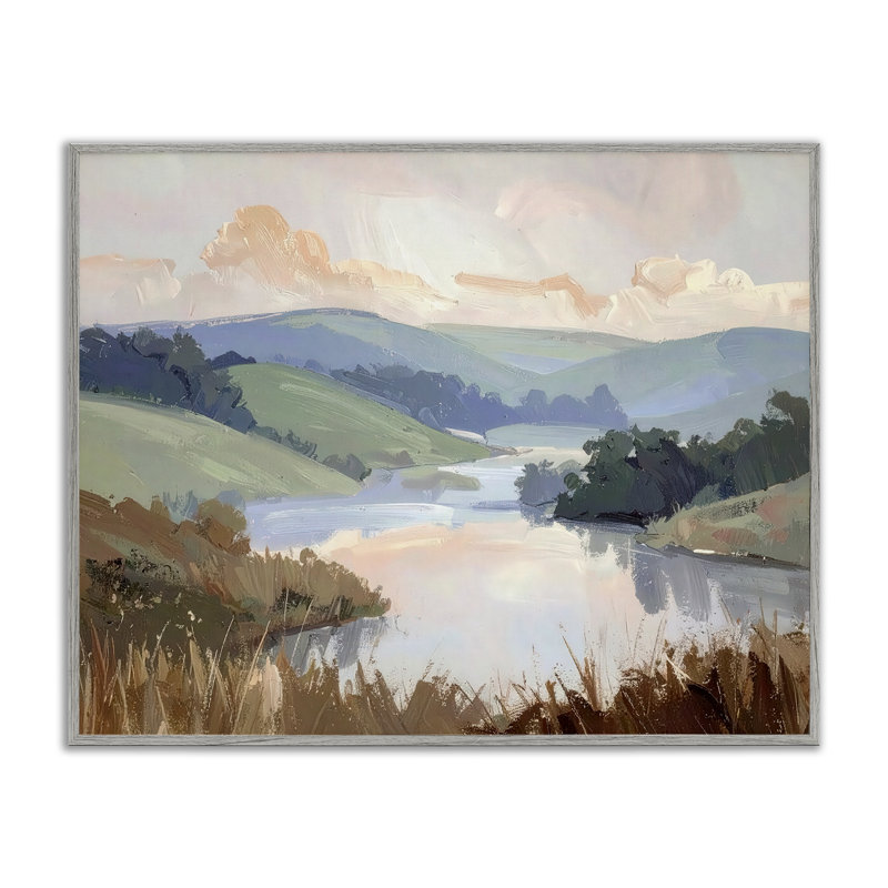 Giclée encadrée de montagnes lointaines, conception par Alonza Saunders, H 11 po x l 14 po, Giclée de ferme grise encadrée