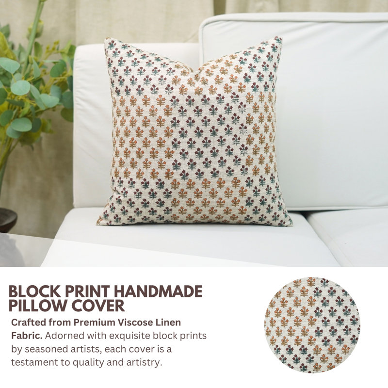 Fabdivine Handcrafted Cotton Pillow Cover with Block Print Design- Kesariya, 22"H x 22"W