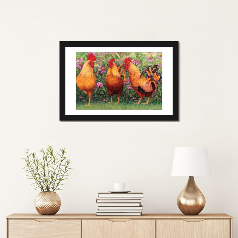 «Roosters en Place I», impression sur toile, H 18 po x l 26 po x P 1,5 po, Toile avec cadre noir, Blanc