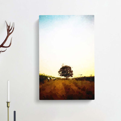 Lone Tree At Dusk Abstract Art - Wrapped Canvas