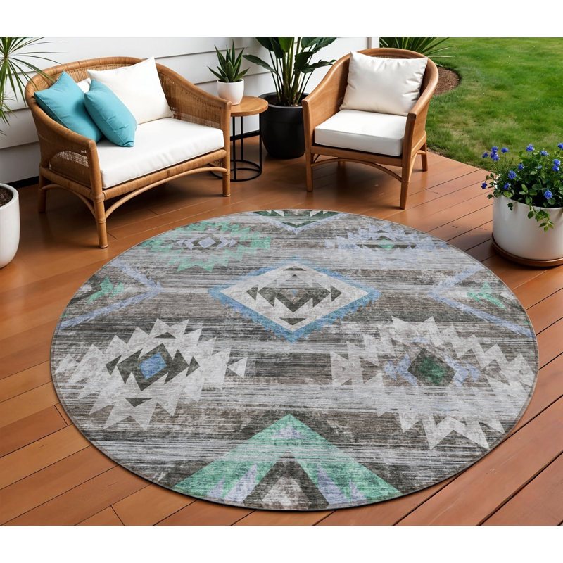 Tapis rond lavable intérieur / extérieur brun 8 pi Southwestern