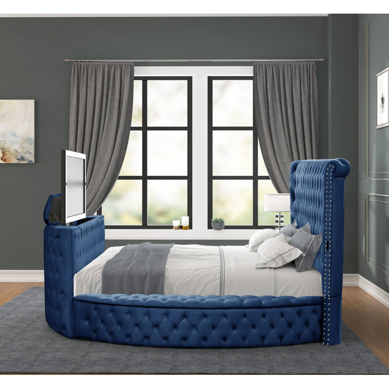Kavinda Upholstered TV Bed Storage Bed, King, Navy