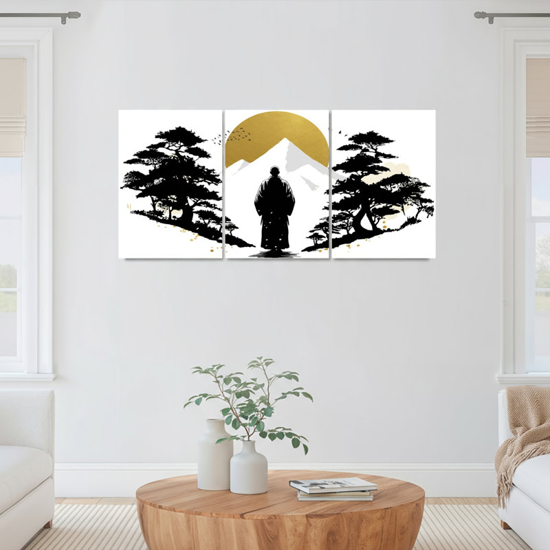 Ensemble de 3 tableaux sur toile tendue représentant un paysage zen japonais avec le mont Fuji et la silhouette d'un samouraï
