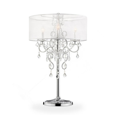 Grande lampe de table 35 "Evangelia", finition argentée et accents de cristal, abat-jour transparent