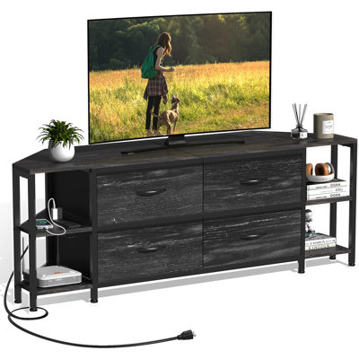 Meuble télé de coin avec tiroir et prise électrique, centre multimédia gain de place, console télé pour salon et chambre, noir