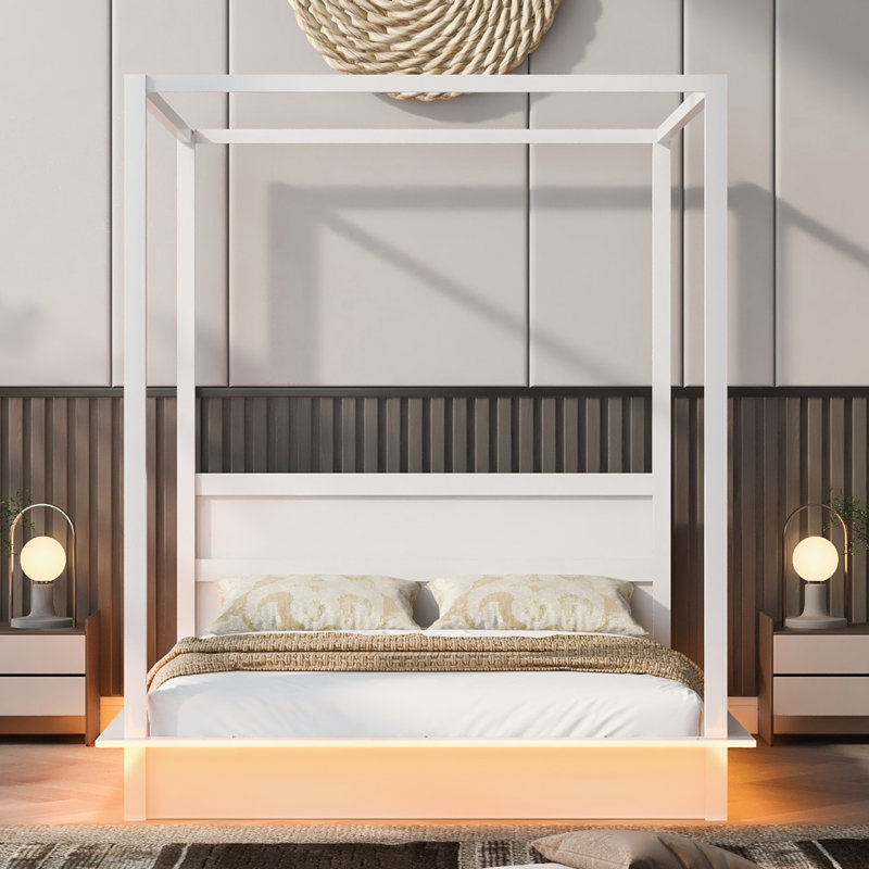 Wood LED Canopy Bed ,Canopy Platform Bed With Support Slats, No Box Spring Needed, Queen
