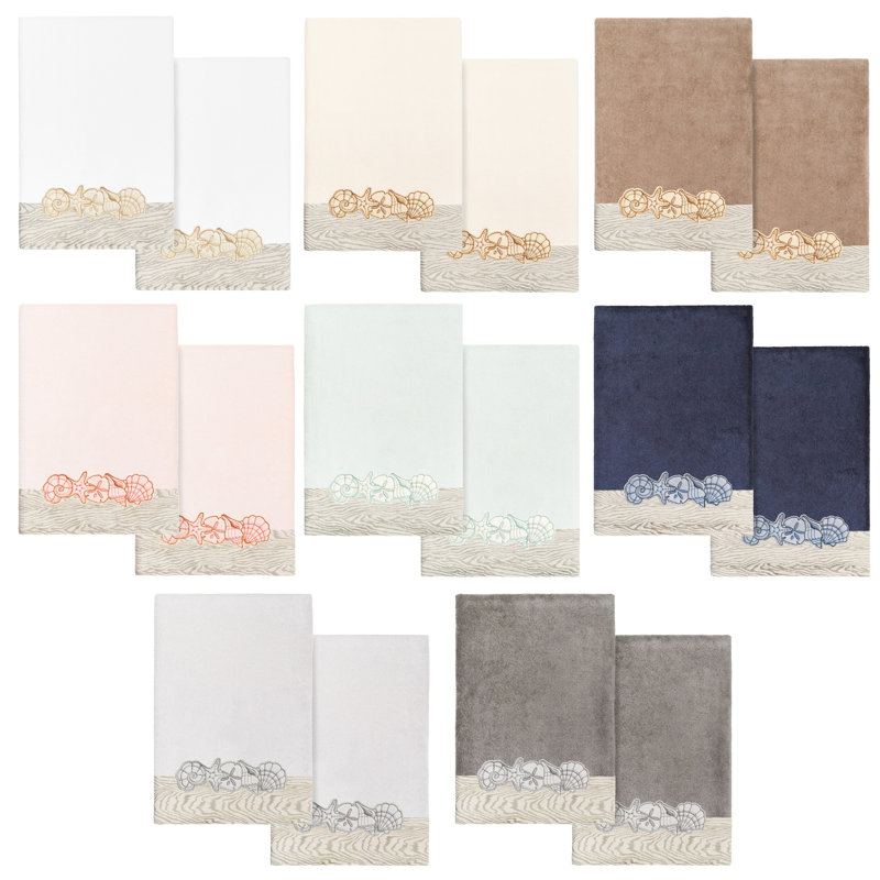 SHELL ROW 2PC Embellished Bath Towel Set Midweight Bath Towel, White