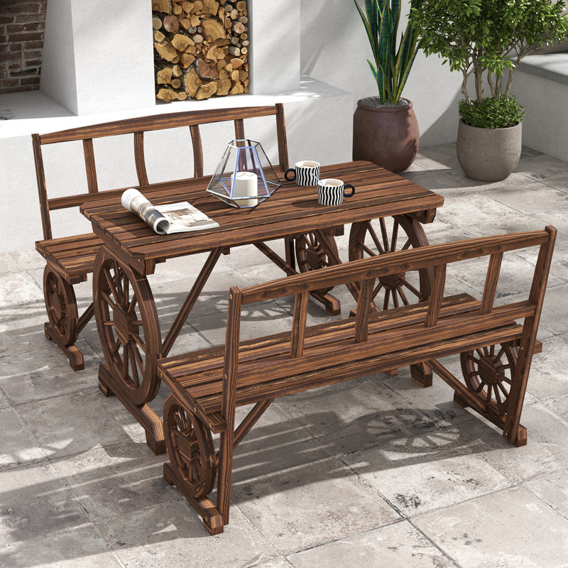 Table de patio et chaises d'extérieur pour 4 personnes, bois de pin avec roue de chariot pour une utilisation dans le jardin 3 pièces
