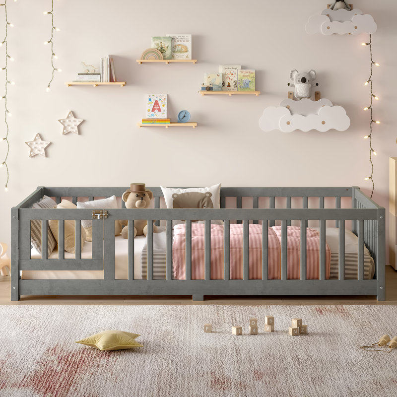 Twin Size Bed Floor Bed with Safety Guardrails and Door for Kids, Wood grain gray., Twin
