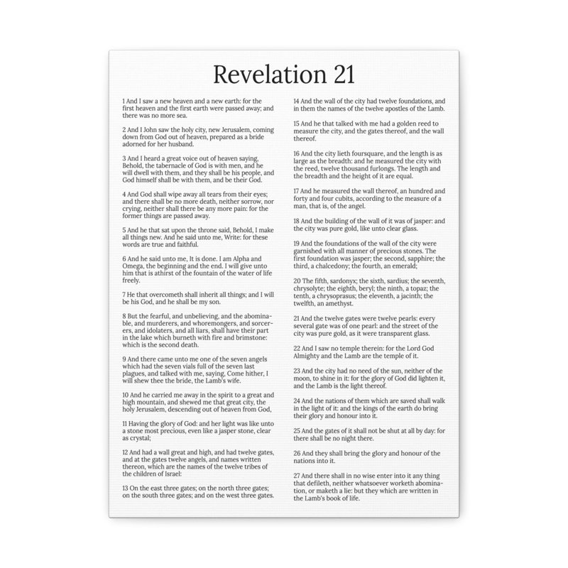 Revelation 21 White Canvas Christian Wall Art with Pine Frame