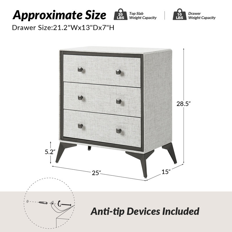 Flavio 3 Drawer Storage Dresser, Light Gray