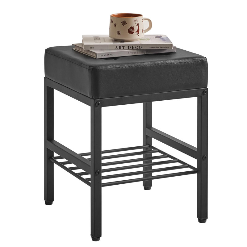 Black PU Cushion Square Vanity Stool with Adjustable Feet and Storage Space