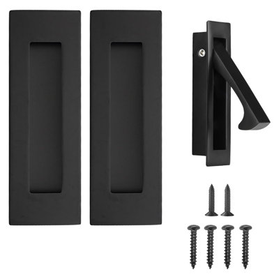 6 Inch Matte Black Recessed Pocket Door Pull with Latch for Barn & Sliding Closet Doors, 3 Pack