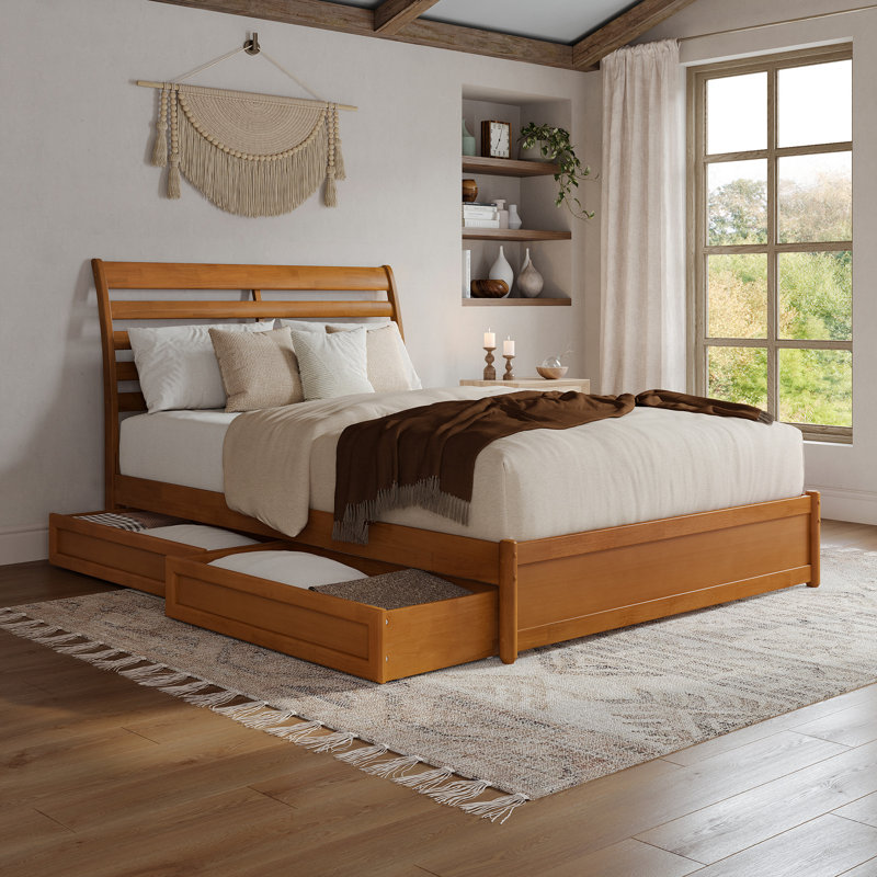 Lit plateforme avec rangement en bois massif et pied de lit Lamareon, Grand, Caramel clair