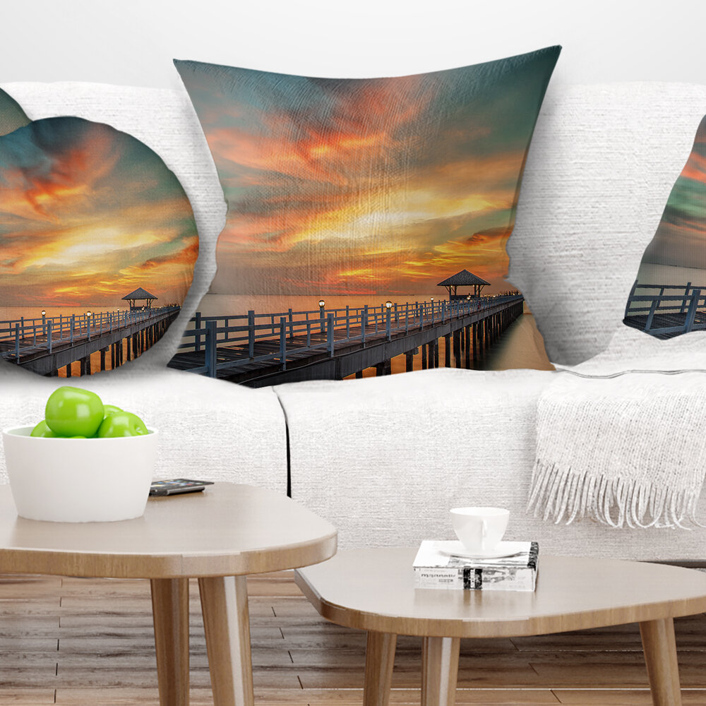 Design Art Pier Seascape Colorful Sky and Long Wooden Pier Pillow | Wayfair