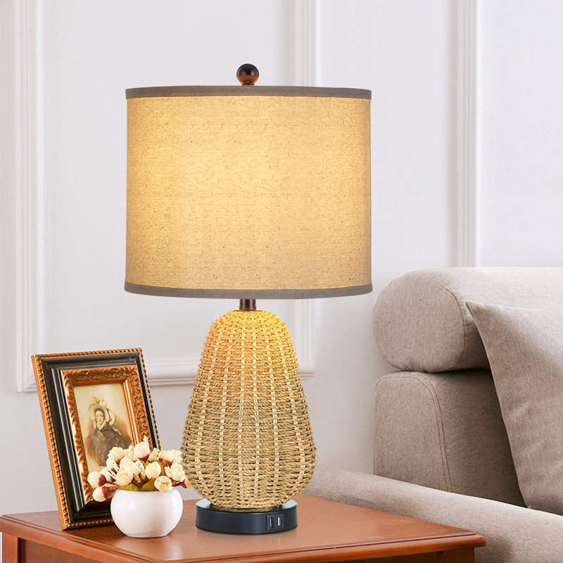 Inaya 22.8 in. Rattan Table Lamp with Dual USB Ports