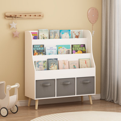 Front-Facing Kids Bookshelf With 3 Fabric Bins, White
