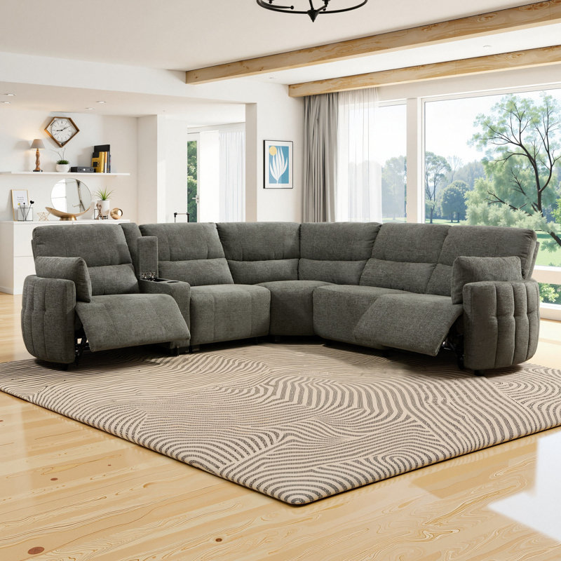 7-Piece Modern Upholstered Power Reclining Sectional Sofa with Center Console And Charging Ports, Gray
