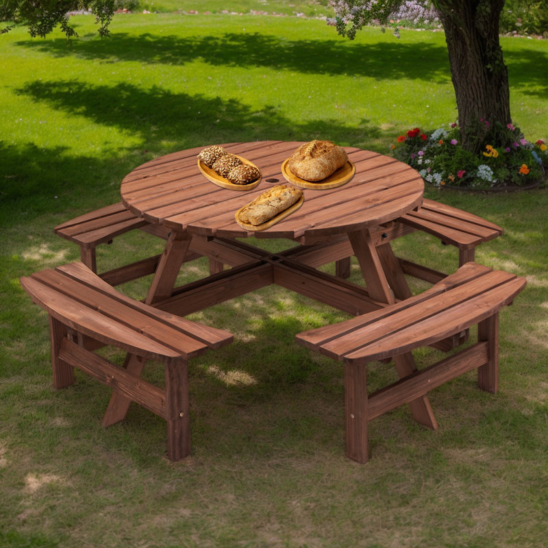 8-Person Round Outdoor Wooden Picnic Table with 4 Built-in Benches and Umbrella Hole – Fir Wood, 2220 lb Weight Capacity