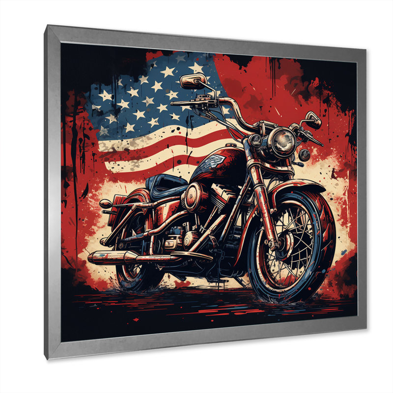 Red Blue Motorcycle American Flag Background - Transportation Wall Decor, Cadre simple argenté, H 16 po x l 16 po x P 1 po