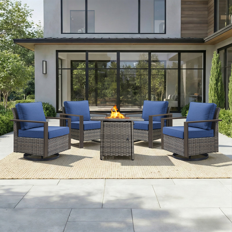 5-Piece Outdoor Frame Armrest Patio Conversation Set With Swivel Chairs And Fire Pit Table, Gray, Blue