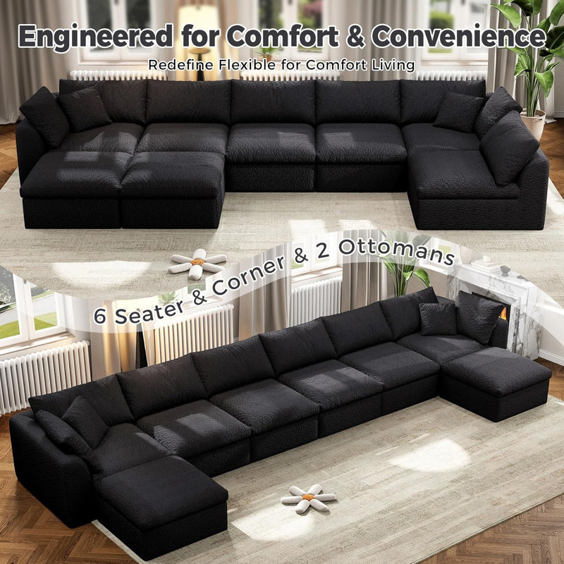 Canapé modulaire à compression modulaire, canapé modulaire Cloud avec assise profonde, canapé rembourré sans os pour la chambre à coucher du salon (noir, 6 places + 2 repose-pieds)