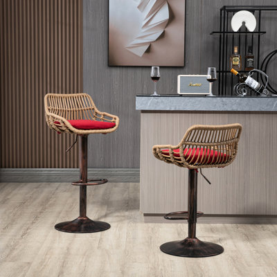 Modern Red Bar Stools Of 2, Adjustable With Footrest For Kitchen & Dining, Strong Metal Construction, 250Lb Capacity, Linen Upholstered Chair Seat Pad Cushion Swivel Counter Height Base, Weight