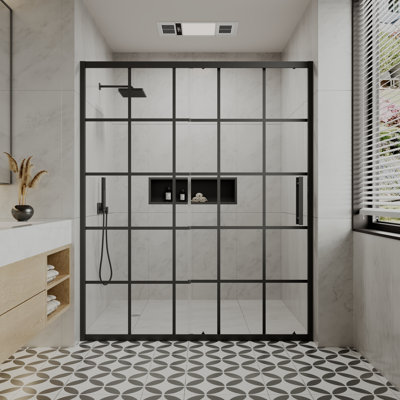  50–54" W x 72" H Framed Sliding Shower Door with Fixed Panel, Matte Black, French Grid Design, Nano-Coated Tempered Glass