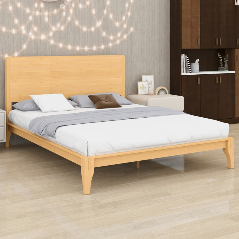 Lit plateforme en bois de bambou de style Mid-Century avec support en lattes de bois, Naturel