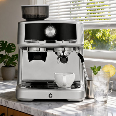 Machine à espresso avec moulin, cafetière à domicile semi-automatique en acier inoxydable de 20 bars - moulin intégré, buse à vapeur, réservoir d'eau amovible de 1,5 L, volume de tir réglable.