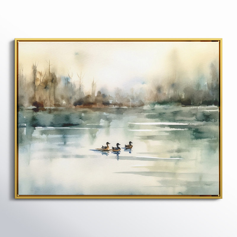 «Ducks in Pond I» - Art mural sur toile, Noir, H 34 po x l 44 po, Reproduction avec cadre flottant