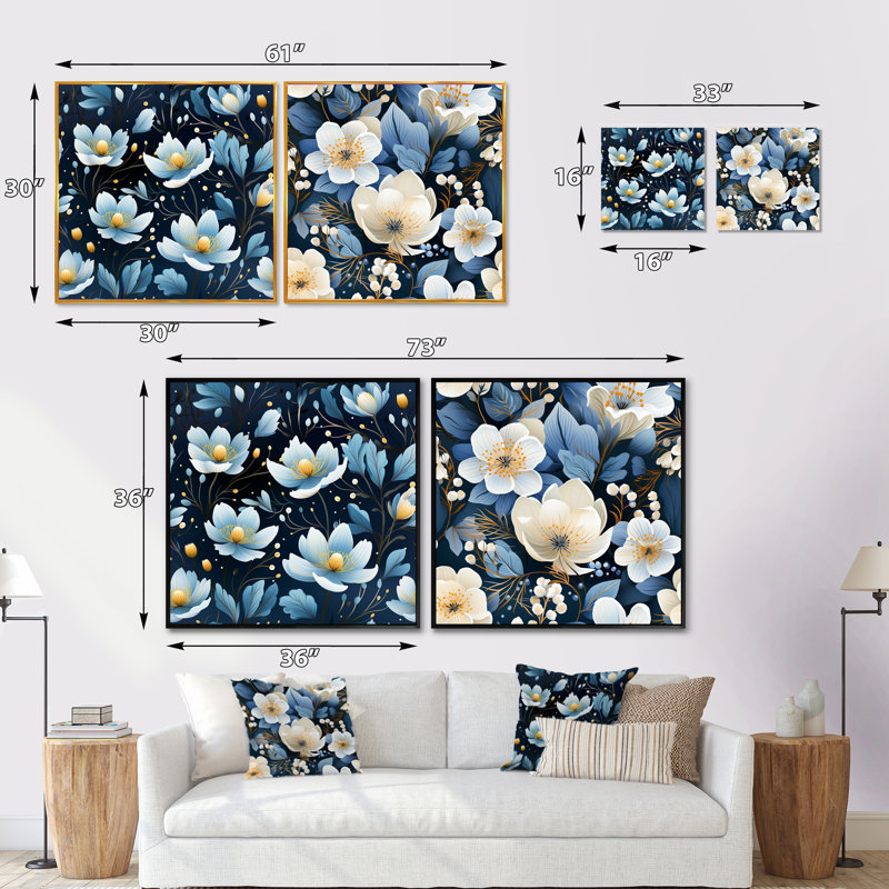 Heald - Ensemble de 2 collages carrés floraux, H 16 po x l 33 po, Cadre flottant doré
