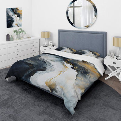 Gold And Blue Abstract Marble Paint III - Abstract Marble Duvet Cover Set