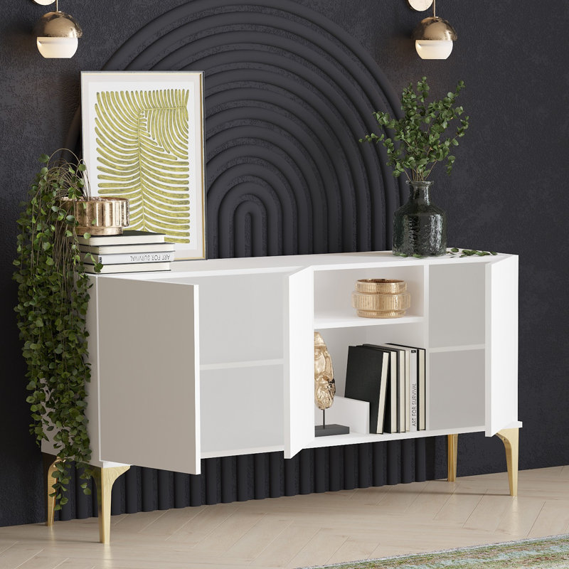 Console élégante, blanche et dorée, 59,1 po x 31,5 po x 15,7 po | Panneau de particules 100% enduit de mélamine, durable et élégant | Parfait pour le vestibule, le salon et la décoration intérieure moderne, conception élégante avec des pieds de 