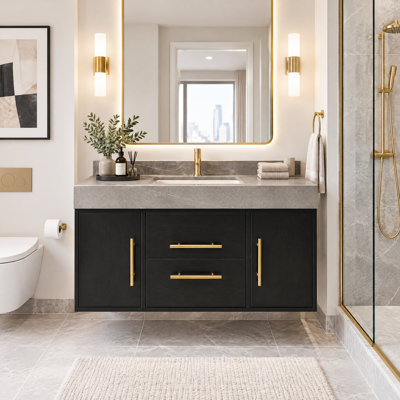 Oberdorf 39'' Wall Mount Bathroom Vanity With Undermount Ceramic Sink, Modern Floating Bathroom Vanities with Sintered Stone Countertop, Walnut