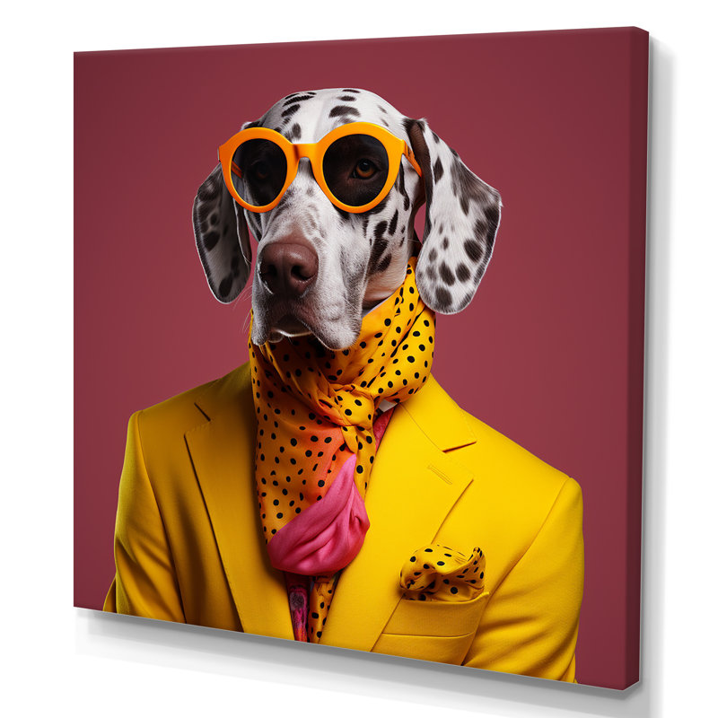 Jaune et orange, premier chien habillé - art mural chien, Toile tendue, H 36 po x l 36 po x P 1,5 po
