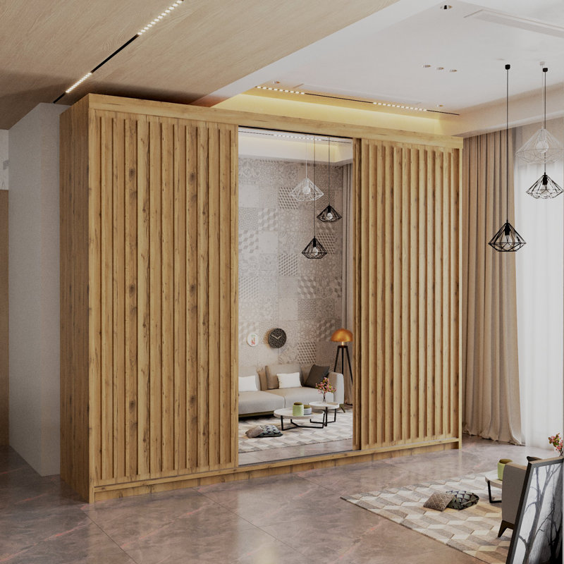 Sliding Wardrobe with Mirror Modern Bedroom 4 Colours 3 Sizes, 217cm H x 250cm W x 62cm D, Oak