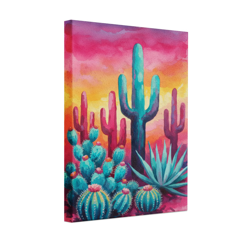 «Plants & Flowers Colorful Cactus Desert Sunset Landscape», reproduction d'art, H 18 po x l 12 po