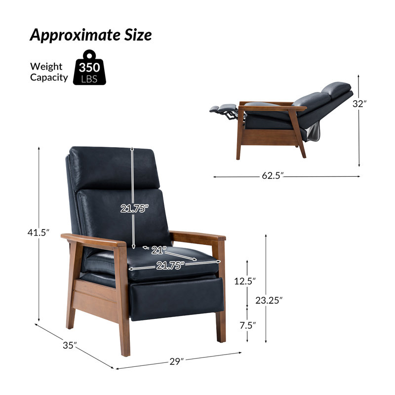 Gladys Mid-Century Modern Genuine Leather Pushback Recliner, Navy Genuine Leather