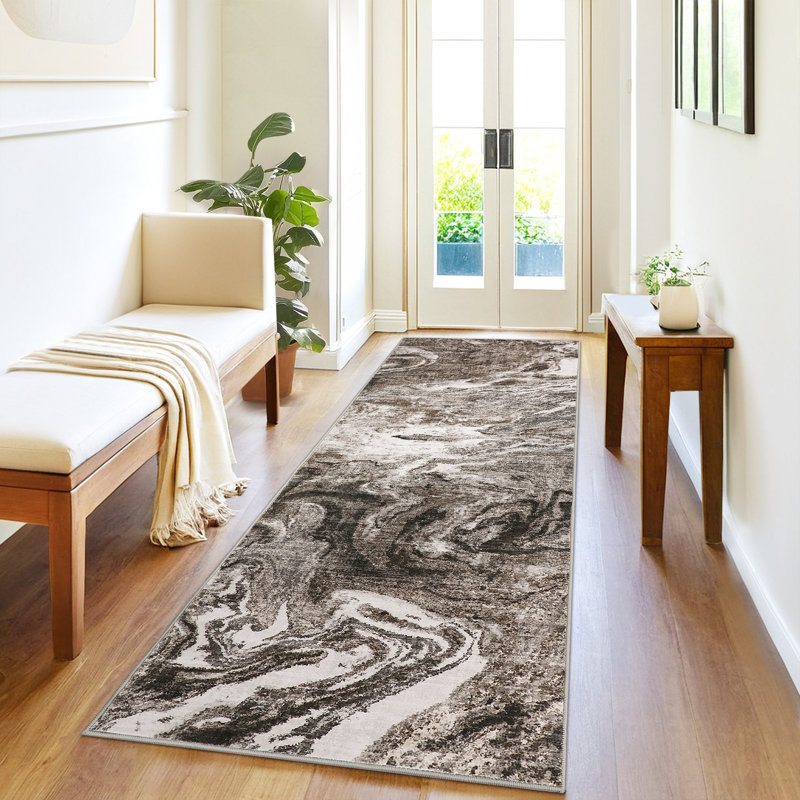 Tapis abstrait antidérapant et lavable à la machine Abstract, Brun, Tapis de couloir 24 po x 72 po