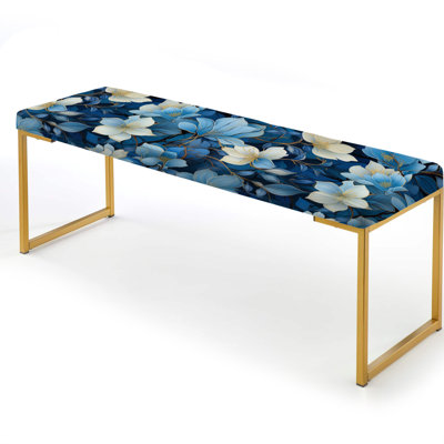 White And Blue Bliss Floral Pattern III - Floral Upholstered Gold Bench