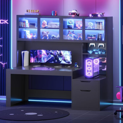 Modern Computer Desk with 2 Wood Drawers, Display Cabinet and LED Lights for Home Office