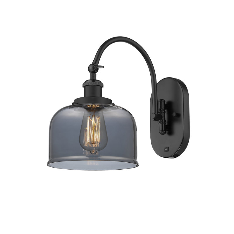 Applique murale articulée en métal 1 lumière avec abat-jour cloche en verre Shauna, DEL, Fumée plaquée, Noir mat