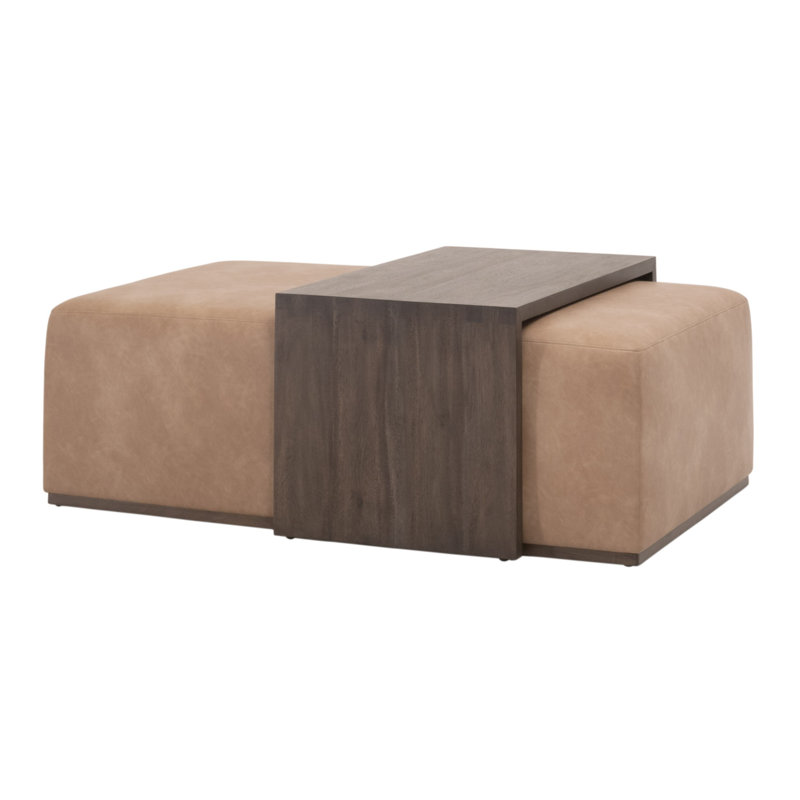Burnished Brown Acacia Rectangular Coffee Table with Tan Vegan Leather Ottoman